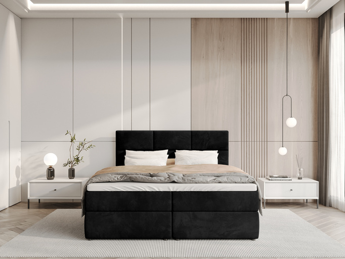 Czarne welurowe łóżko kontynentalne 140x200 cm z pojemnikiem na pościel BOSTON