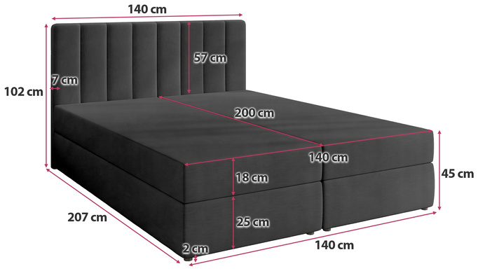 Łóżko kontynentalne 140x200 cm z pojemnikiem DENVER czarne