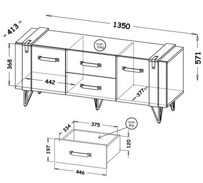 Loftowa szafka RTV z szufladami do salonu 135 cm LOSTI