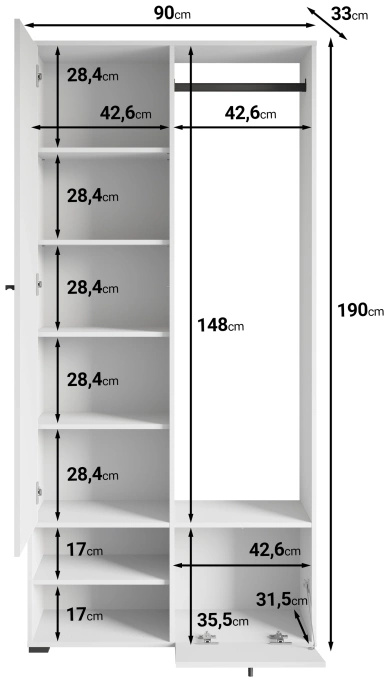 Wysoka garderoba do przedpokoju 90 cm DORANO dąb artisan/biały