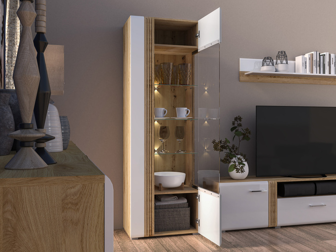 Witryna do salonu ze szklanymi półkami 65 cm ADAGIO biały połysk